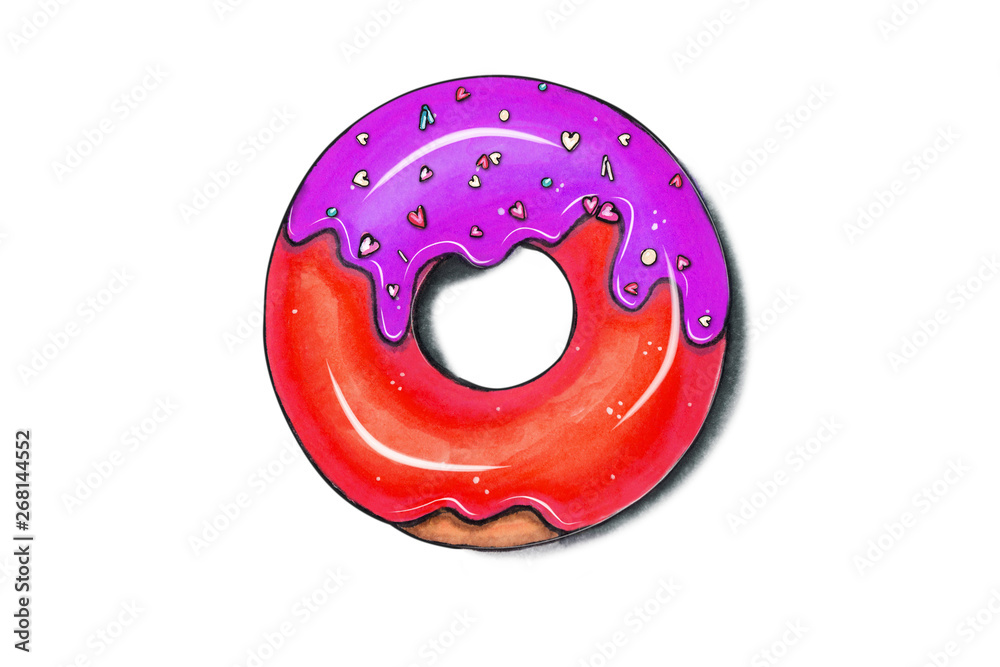 Fototapeta premium Hand drawn illustration - tasty donuts. Sketch on white isolated background. Sweet desserts. Perfect for leaflets, cards, posters, prints, menu, booklets