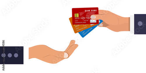 A businessman hand is giving or offering bank or credit cards to another hand. Flat color vector illustration.