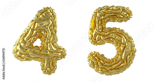 Number set 4, 5 made of crumpled foil. Collection symbols of crumpled gold foil isolated on white background.
