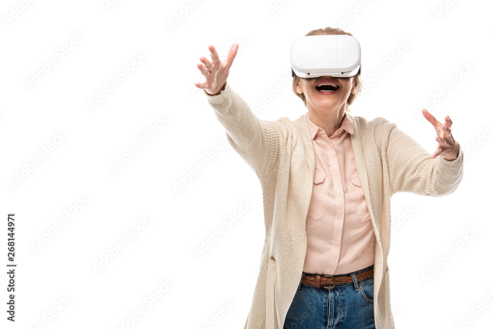 excited woman in vr headset experiencing Virtual reality Isolated On White with copy space excited woman in vr headset experiencing Virtual reality Isolated On White with copy space