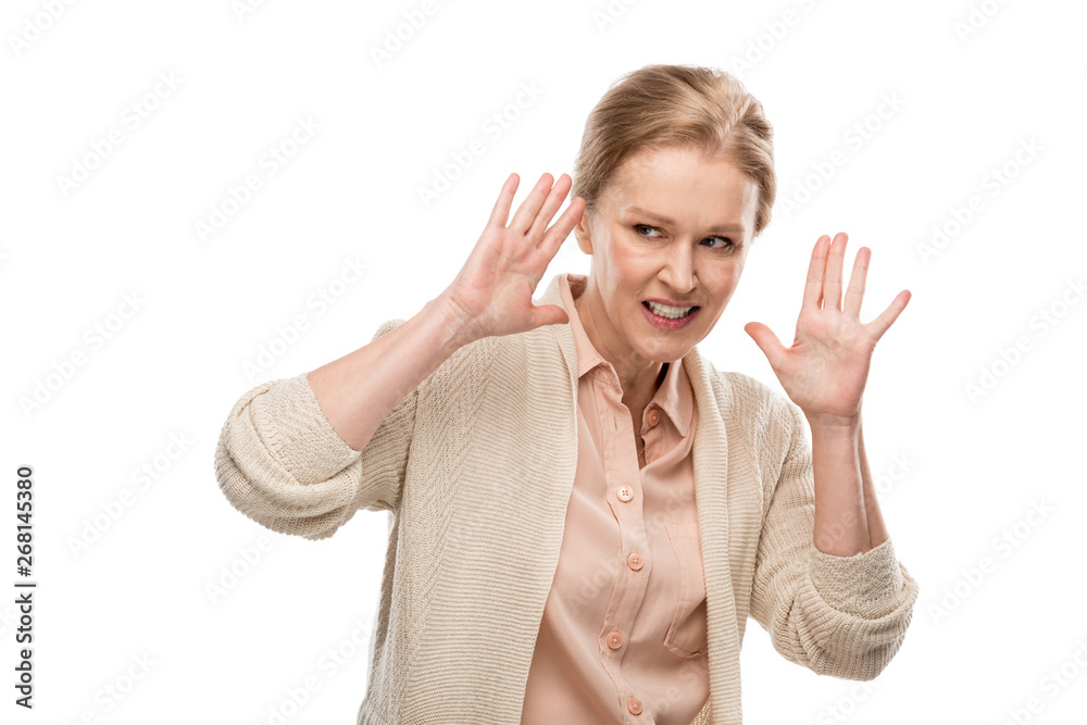 scared middle aged woman Gesturing with hands Isolated On White scared middle aged woman Gesturing with hands Isolated On White