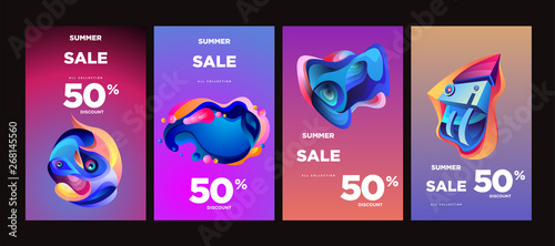 Vector summer sale 50% discount with fluid colorful background. Summer banner, website, poster, and sales promotion background set.