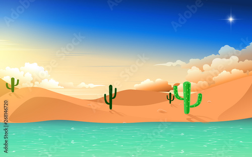 landscape of pond in desert in sunset