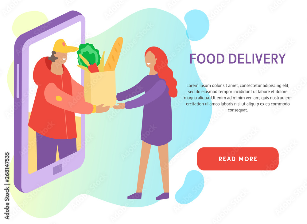 Deliveryman gives the order to customer on the abstract background. Courier delivers fresh food and vegetables. Online food delivery service banner concept with the place for your text. Deliveryman gives the order to customer on the abstract background. Courier delivers fresh food and vegetables. Online food delivery service banner concept with the place for your text.