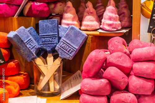 Fototapeta Shop cosmetic handmade bombs and bubble bath different colors