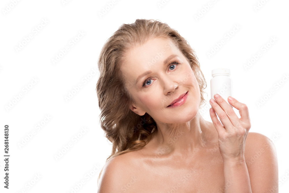 nude mature woman with bottle of medicine Isolated On White nude mature woman with bottle of medicine Isolated On White