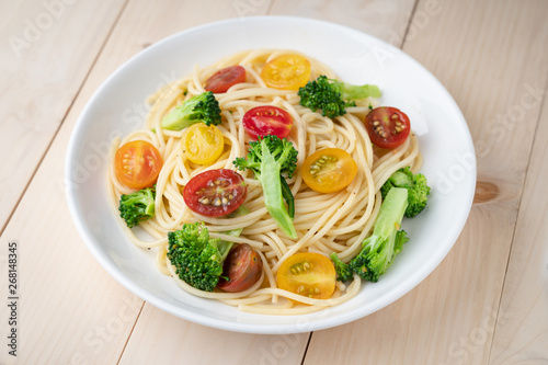 Vegetables spaghetti with tomato and broccoli, healthy vegetarian meals concept