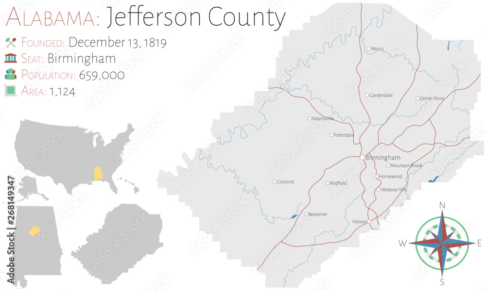 Large and detailed map of Jefferson county in Alabama, USA