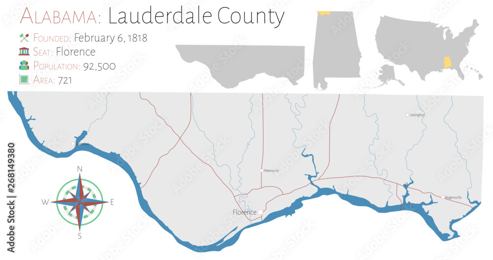Large and detailed map of Lauderdale county in Alabama, USA