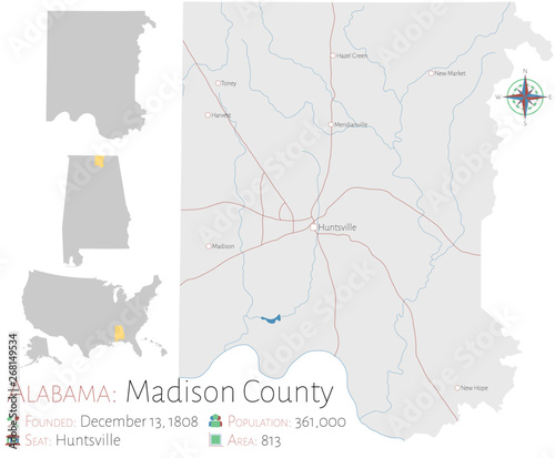 Large and detailed map of Madison county in Alabama, USA