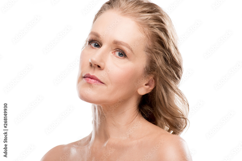 beautiful middle aged woman with clean face looking at camera Isolated On White beautiful middle aged woman with clean face looking at camera Isolated On White