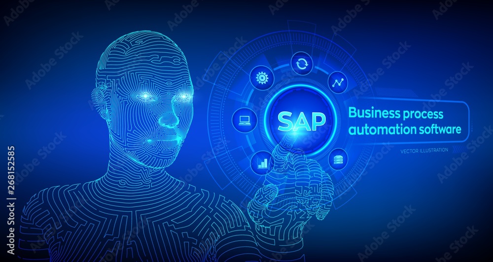 SAP Business process automation software. ERP enterprise resources planning system concept on virtual screen. Wireframed cyborg hand touching digital interface. AI. Vector illustration. SAP Business process automation software. ERP enterprise resources planning system concept on virtual screen. Wireframed cyborg hand touching digital interface. AI. Vector illustration.