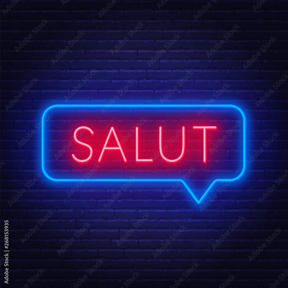Neon sign of word salut in speech bubble frame on dark background. Greetings in French. Light banner on the wall background. Neon sign of word salut in speech bubble frame on dark background. Greetings in French. Light banner on the wall background.