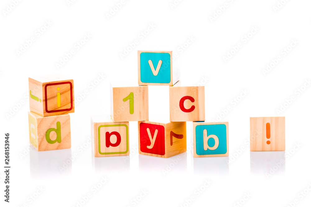 Toy cubes. Baby collection. ABC letters made from baby toys Toy cubes. Baby collection. ABC letters made from baby toys