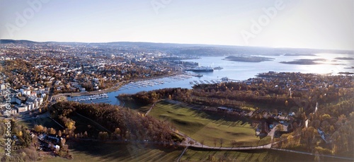 Panorama aerial view towards Oslo center and Oslofjord in Norway