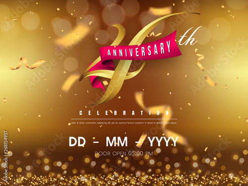 4 years anniversary logo template on gold background. 4th celebrating golden numbers with red ribbon vector and confetti isolated design elements