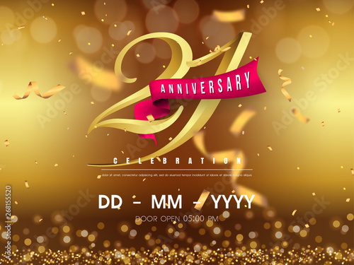 21 years anniversary logo template on gold background. 21st celebrating golden numbers with red ribbon vector and confetti isolated design elements