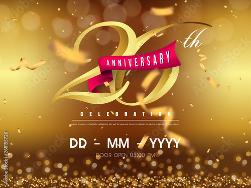 26 years anniversary logo template on gold background. 26th celebrating golden numbers with red ribbon vector and confetti isolated design elements