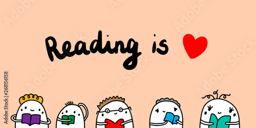 Reading is love hand drawn vector illustration with cartoon man books