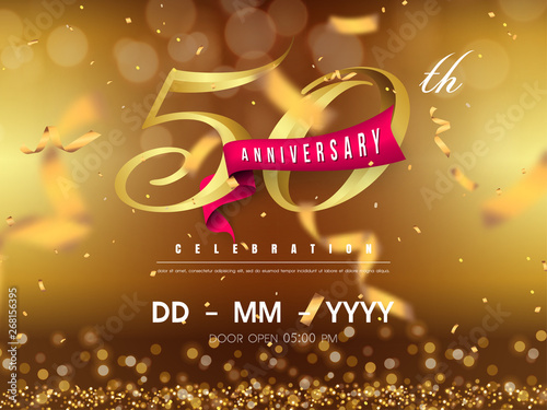 50 years anniversary logo template on gold background. 50th celebrating golden numbers with red ribbon vector and confetti isolated design elements