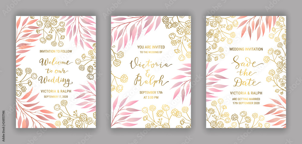 Invitation card template set. Background of elegant branches with pink leaves. Save the date, Welcome to our wedding hand-drawn lettering phrase. Golden text. EPS 10 vector illustration.