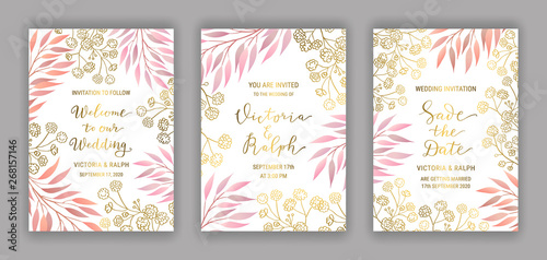 Invitation card template set. Background of elegant branches with pink leaves. Save the date, Welcome to our wedding hand-drawn lettering phrase. Golden text. EPS 10 vector illustration.