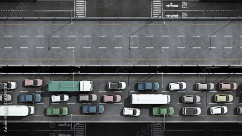 Cars on highway in traffic jam 3d render from top photo