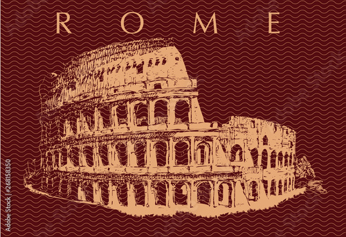 vector image of the Roman coliseum in the style of vintage engravings on a dark background.