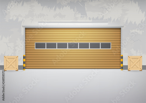 Roller door or roller shutter. Also called security door or security shutter. For protect residential, commercial and industrial building i.e. house, factory, warehouse, hangar. Vector illustration.