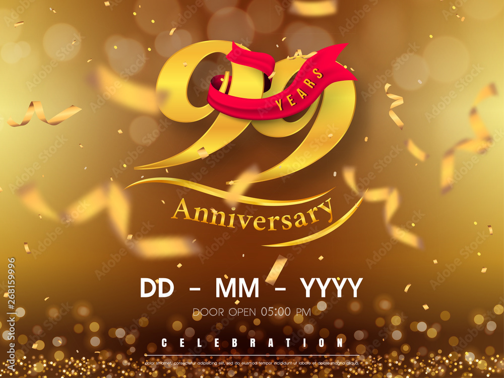 99 years anniversary logo template on gold background. 99th celebrating ...