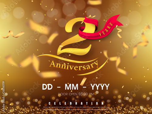 2 years anniversary logo template on gold background. 2nd celebrating golden numbers with red ribbon vector and confetti isolated design elements
