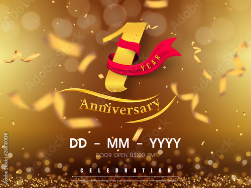 1 years anniversary logo template on gold background. 1st celebrating golden numbers with red ribbon vector and confetti isolated design elements