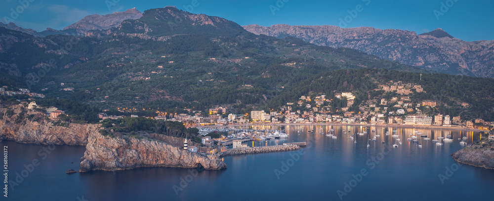 View to Port de Soller, Mallorca, Spain, from the highest place, lighthouse. Close bay.