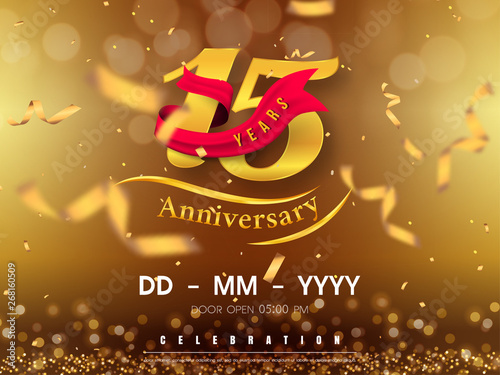 15 years anniversary logo template on gold background. 15th celebrating golden numbers with red ribbon vector and confetti isolated design elements