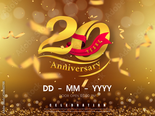20 years anniversary logo template on gold background. 20th celebrating golden numbers with red ribbon vector and confetti isolated design elements