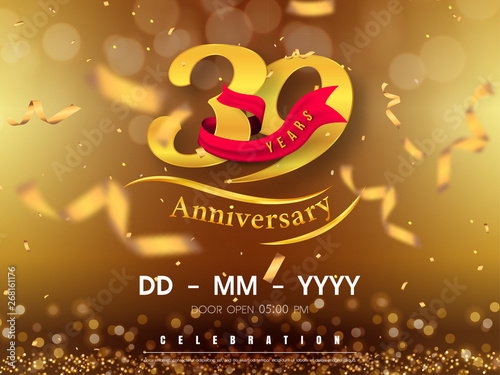 39 years anniversary logo template on gold background. 39th celebrating golden numbers with red ribbon vector and confetti isolated design elements