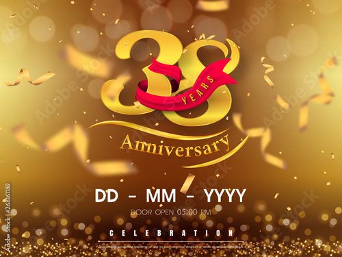 38 years anniversary logo template on gold background. 38th celebrating golden numbers with red ribbon vector and confetti isolated design elements