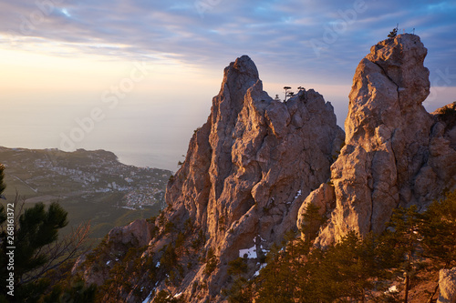 Beautiful sunrise in the mountains. Top of Ai Petri mountain sunset view. Crimea, Russia