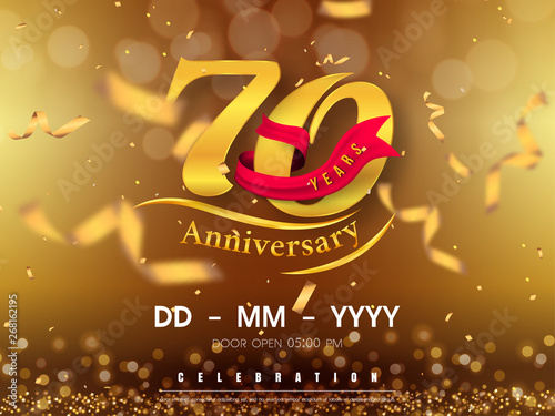 70 years anniversary logo template on gold background. 70th celebrating golden numbers with red ribbon vector and confetti isolated design elements