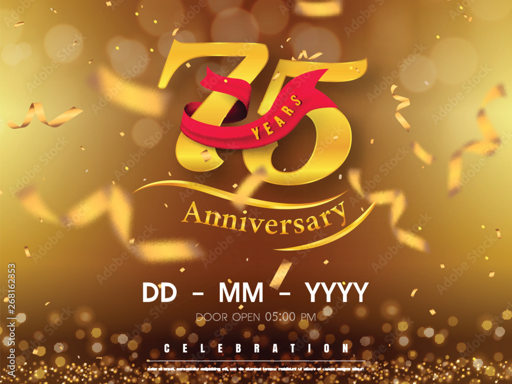 75 years anniversary logo template on gold background. 75th celebrating golden numbers with red ribbon vector and confetti isolated design elements - obrazy, fototapety, plakaty 