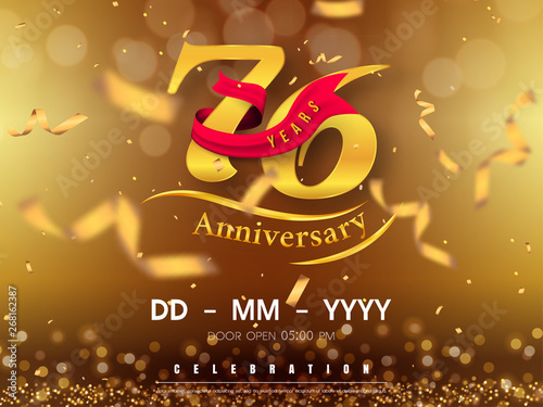 76 years anniversary logo template on gold background. 76th celebrating golden numbers with red ribbon vector and confetti isolated design elements