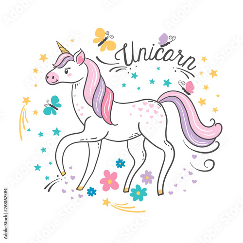 Beautiful unicorn with butterflies and stars