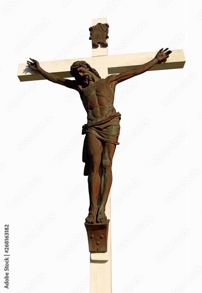 Metal statue of crucifixion of Jesus Christ isolated on white Stock ...