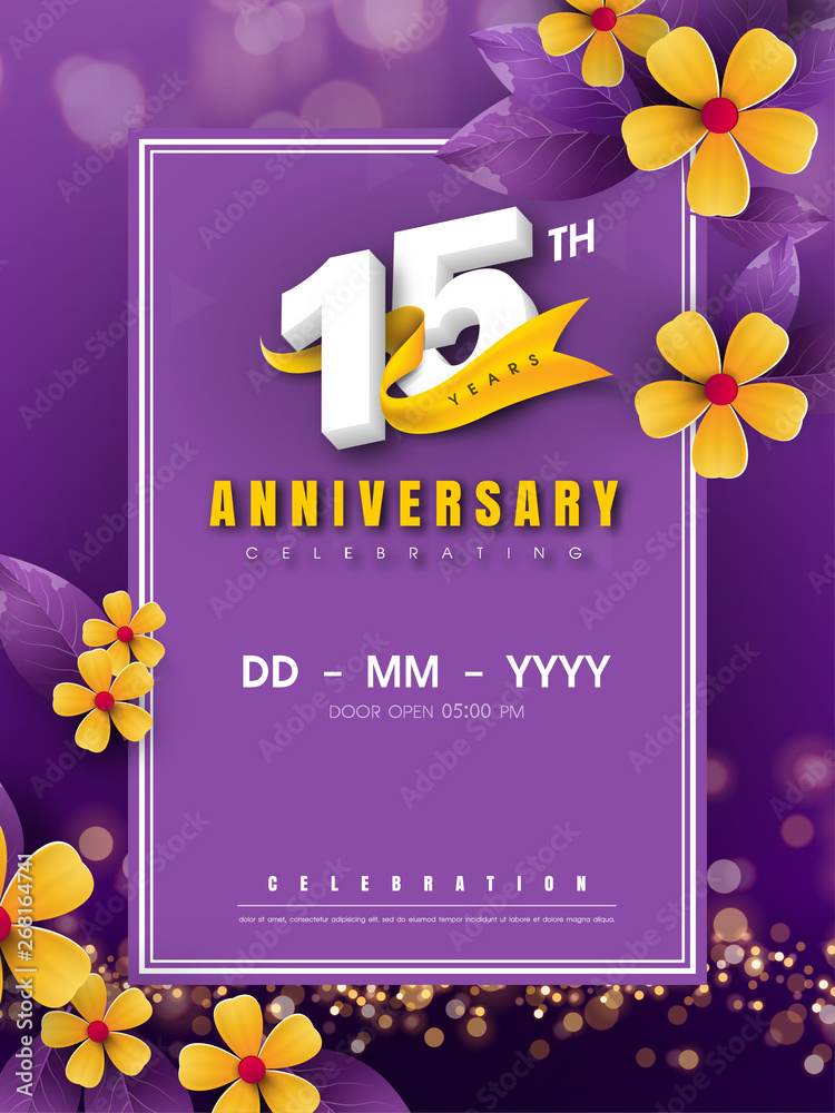 15 years anniversary logo template on golden flower and purple