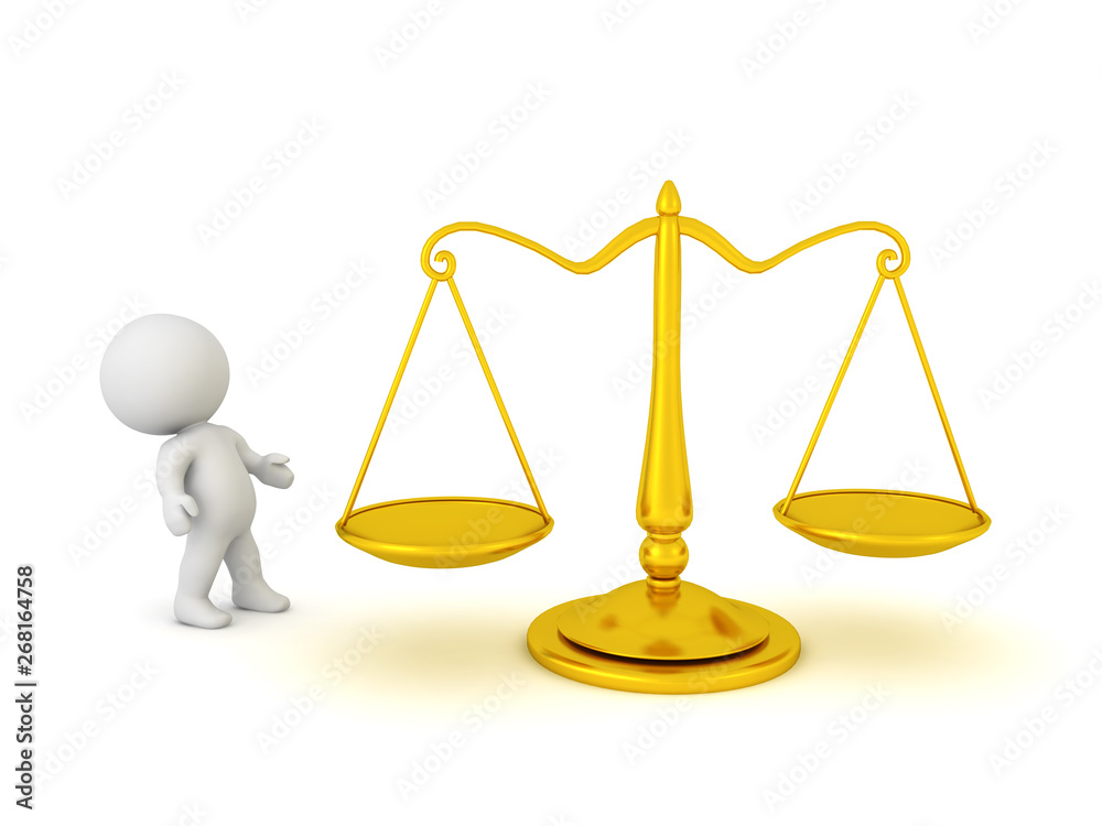 3D Character looking up at scales of justice 3D Character looking up at scales of justice