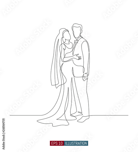 Continuous line drawing of bride and groom at wedding ceremony. Template for your design works. Vector illustration.
