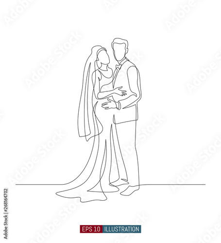 Continuous line drawing of bride and groom at wedding ceremony. Template for your design works. Vector illustration.