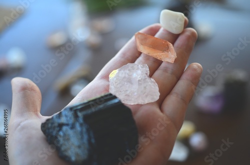 4- piece Witch Crystal Set - Large Black Tourmaline, Raw Rose Quartz, Tumbled Moonstone, Tangerine Quartz Point. Healing Alter Crystals. Wiccan crystal alter, crystals for witchcraft. 