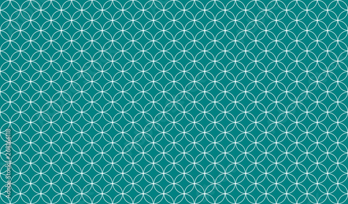 Abstract seamless pattern of overlapping thin circles against a teal blue background, symmetrical design inspiration forming a pleasing, optical pattern for wrapping or decorative paper or wallpaper