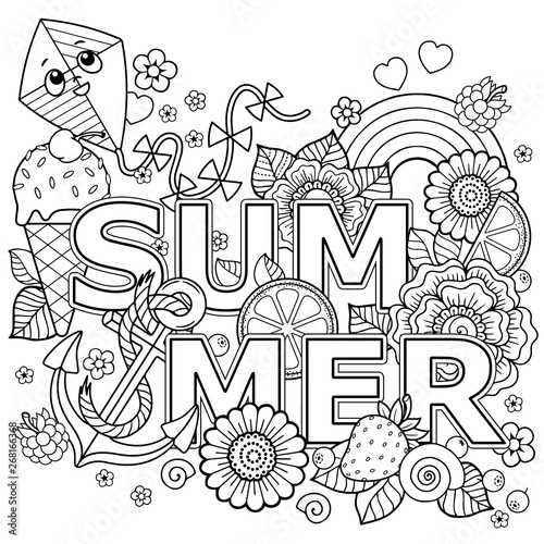 Hand drawn coloring book for adult. Summer holidays, party and rest